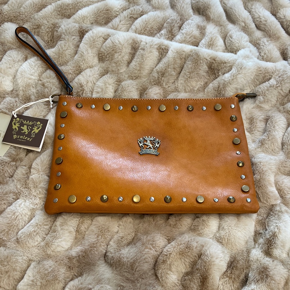 Pratesi Italian Made Gold Leather Studded Clutch/Crossbody Bag/Wristlet
